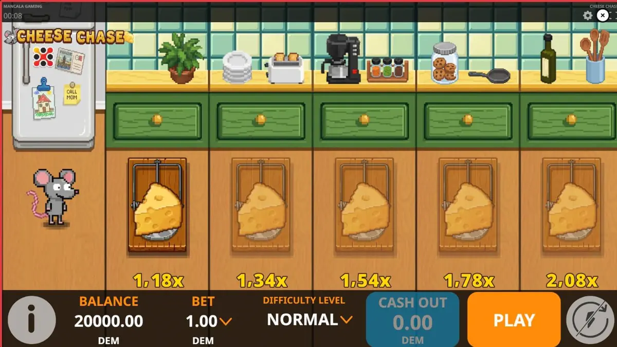 Interface do jogo Cheese Chase com tema de cozinha retrô