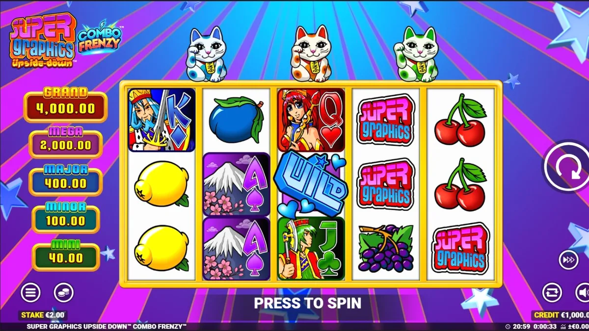 Interface vibrante do slot Super Graphics Upside Down com gatos da sorte e símbolos de anime.